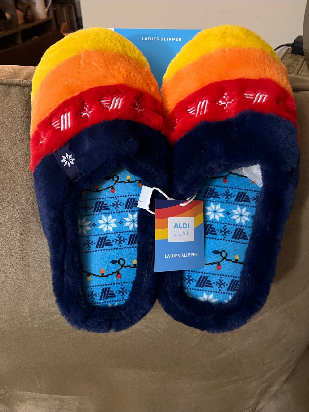 ALDI GEAR Ladies Rainbow Plush Slippers - Navy, Red, Orange, Yellow